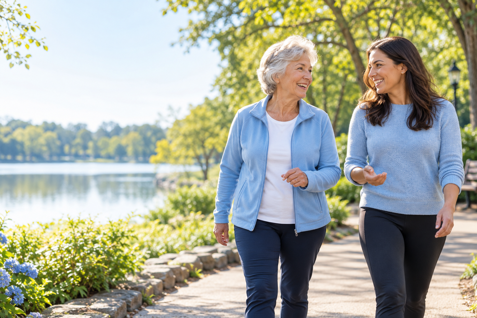 An older woman and a staff member walking together on a sunny park path